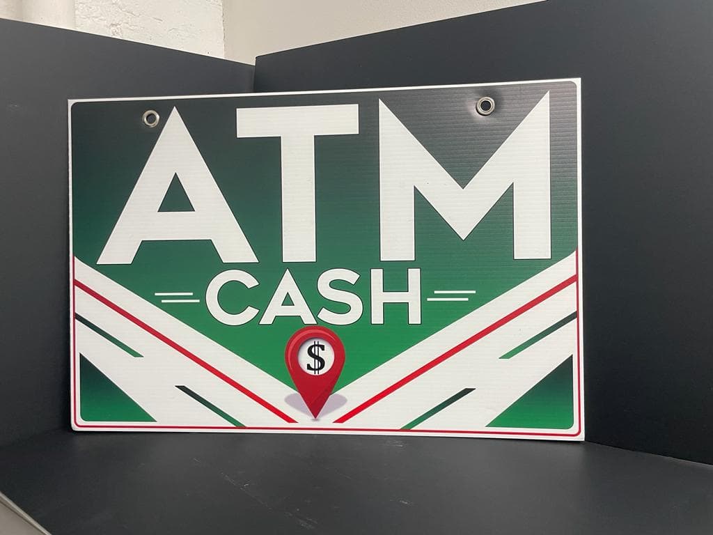 1 Double-Sided Coroplast ATM Sign with Metal Grommet - 16x24 Inches (Green)